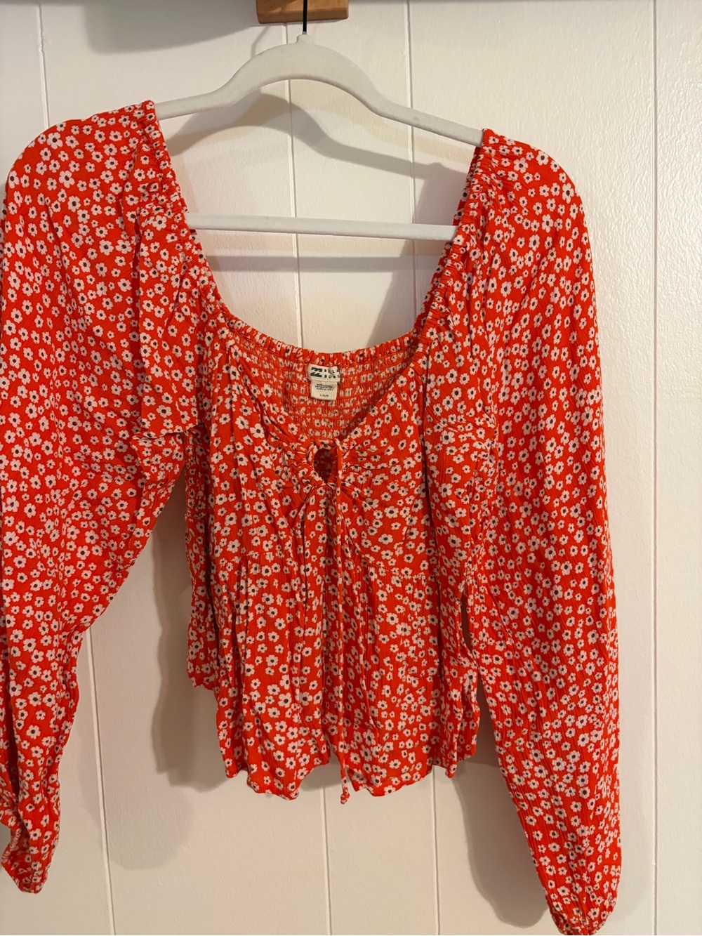 Billabong Red Floral Tie-Front Peasant Blouse